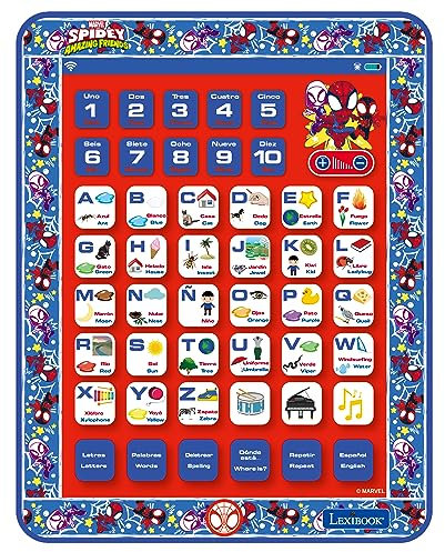 LEXIBOOK, Spidey y Sus Asombrosos Amigos, Tableta Educativa Bilingüe, Juguete para Aprender el Alfabeto Letras números Palabras deletreo y música, Inglés/Español, Azul/Rojo, JCPAD002SPi2