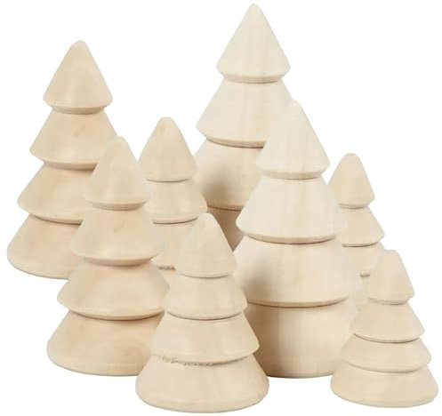 CREATIV DISCOUNT Deko Weihnachtsbäume aus Naturholz, je 2 Stück in 4 Größen, tolle Weihnachtsdekoration, 8 Holzbäumchen zum Basteln, Bemalen, etc.