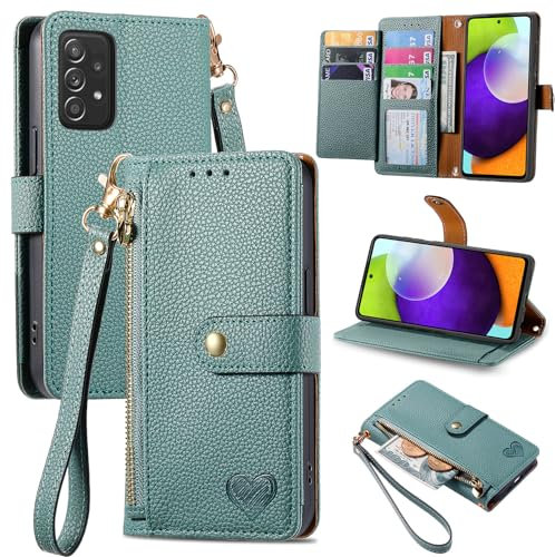 VEEMOS Handyhülle für Samsung Galaxy A52s A52 5G Hülle Klappbar Klapphülle Schutzhülle mit Kartenfach RFID Reißverschluss Handy Tasche Leder Flip Case Cover Handytasche Frauen - Grün