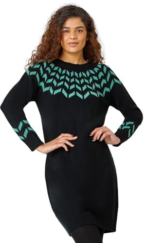 Roman Thick Jumper Dress for Women UK Ladies Fairisle Aztec Knitted Knit Sweater Knitwear Autumn Winter Holiday Round Neck Long Sleeve Soft Knee Length Sweat Warm Thick - Green Black - Size 18