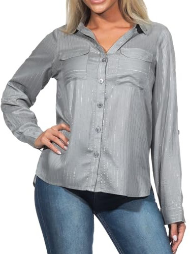 VERO MODA Damen Langarm Bluse Hemdbluse mit Glitzerfäden VMBumpy Glitter 10321777 Griffin Silver Lurex XS