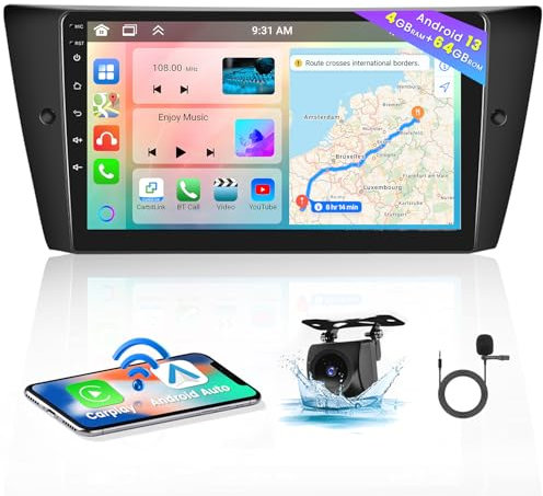 Hikity 8 Core 4GB+64GB Android 15 Autoradio für BMW 3 E90 E91 E92 E93 Radio Wireless CarPlay Android Auto Bluetooth 9 Bildschrim Auto Radio mit Navi Rückfahrkamera