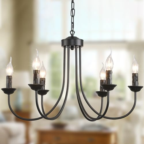 Ganeed Lámpara de Araña Colgante French Country Rústica 62 cm para Pasillo Escalera Negro 6 Luces