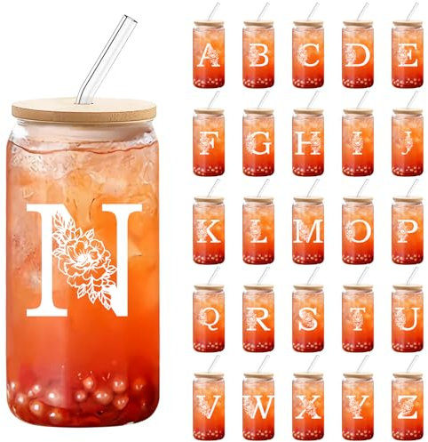 DETENE 550ml Bicchiere di Vetro con Coperchio Bicchiere da Birra con Coperchio e Cannuccia La Scelta Migliore per Regali Acronimi di Compleanno Maschile e Femminile o Regali di Natale (N)