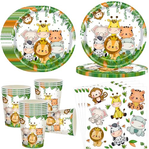 OMZSXK Jungle Safari Vajilla de fiesta para 16 invitados,Jungle Safari Platos para fiesta Vajilla de cumpleaños,Jungle Safari animales Platos de papel Vasos Servilletas