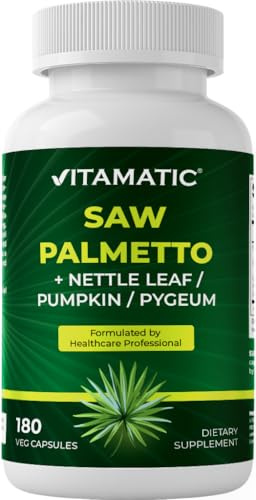 Vitamatic Saw Palmetto Extract for Men & Women 180 Veg Capsules - Made with Pumpkin Seed, Pygeum, Nettle Leaf - Made in the USA - Promotes Healthy Prostate Function