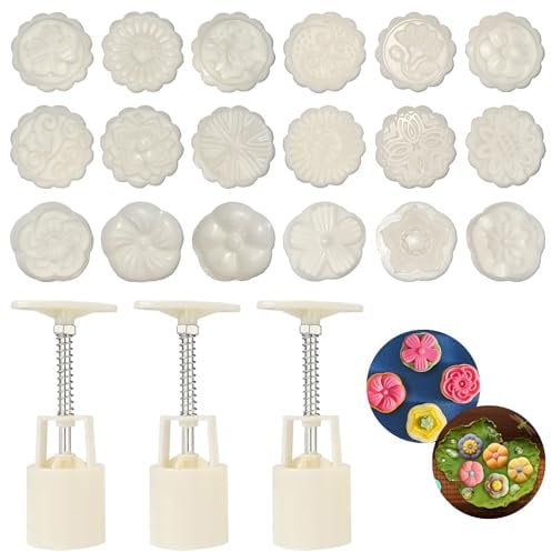 21 Pieces Bath Bomb Mold Kit, MaehSab 3 Pcs Round Bath Bombs Press with 18 Flower Pattern Stamps for Making DIY Bath Bombs Tools, Moon Cake Making Mold for Mid-Autumn Festival, Dessert Baking Mold
