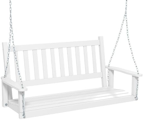 KOMFOTTEU Banc Suspendu 2 à 3 Places, Balançoire de Jardin en Bois Massif, Fauteuil Suspendu, Charge de 230/360 kg, Sièges Suspendu pour Terrasse, Patio, Jardin (Blanc, 136 x 67 x 63 cm)
