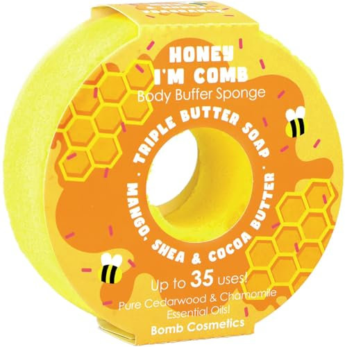 Bomb Cosmetics Body Buffer Soap Infused Sponge 2 in 1 Cleanse Exfoliate Moisturising Triple Butter Soap Sponge with Soap Inside Honey I'm Comb