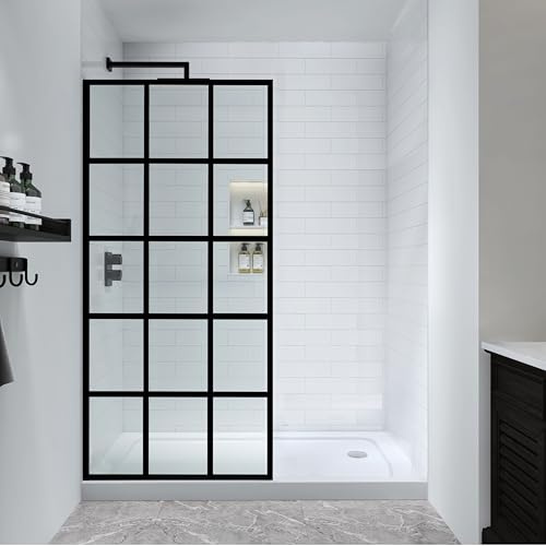 Fixed Shower Glass Panel, 34W x 72H, Black Grid, Framed, 5/16,Reversible