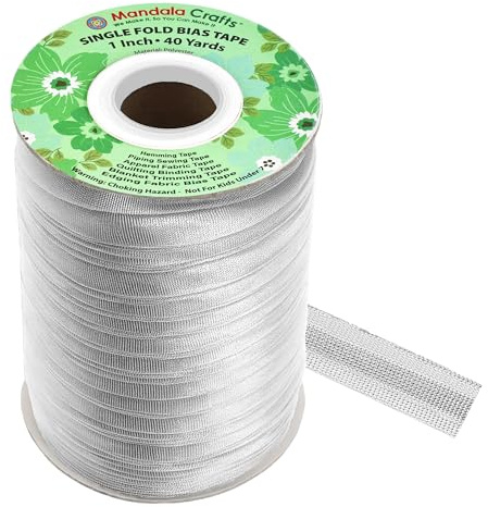 Mandala Crafts 1 Inch Single Fold Bias Tape for Sewing, Quilting, Piping, Hemming, Blanket & Quilt Binding – 40 Yards Metallic Silver Fabric Seam Binding Tape