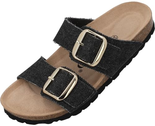 Palado Pantoletten Damen Samos GS Jeans – elegante Sandalen Made in Spain - bequeme Hausschuhe mit Kork-Fußbett - modische Sommerschuhe Schwarz UK3,5 - EU36