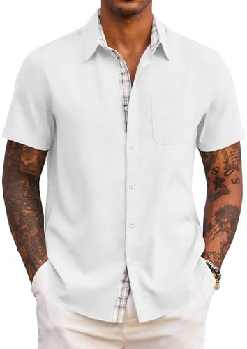 COOFANDY Mens Short Sleeved Shirts Smart Casual Summer Shirt for Men UK White 3XL
