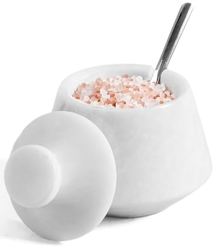 EARTHEN CRAFTS Marble Salt Cellar with Lid & Spoon, White, 3 Inch | Handmade marble salt box with lid and spoon, 3 oz, salt and spice holder, sugar container, worktop kitchen decor and gift