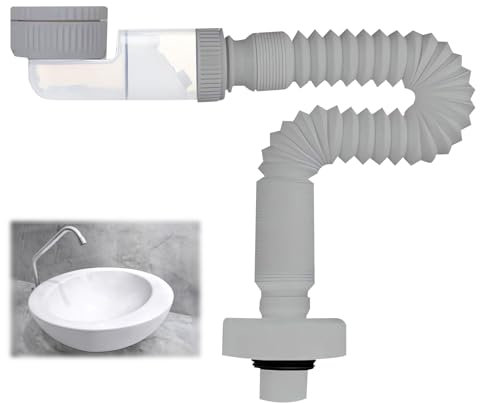 LANZLC 1 1/4 Zoll Siphon, Raumsparsiphon Waschtisch, Flexibler Ablaufschlauch, 360° Einstellbarer Siphon Waschbecken, Geruchsdichter Flexibles Siphon Waschmaschine, Austauschbarer Abwasserrohr (Grau)