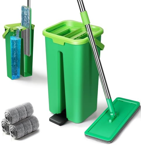 Masthome Mop and Bucket Set, Small Floor Mop Cleaning System with 360 Rotating Head, Squeeze Mop Bucket with 135cm Stainless Steel Handle, Wet & Dry Flat Mop for Laminate, Tile, Hardwood Floors