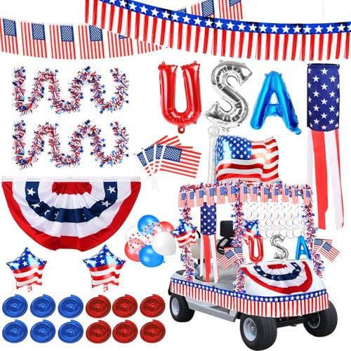 Tryly 4th of July Golf Cart Decorations Kit, Patriotic Parade Golf Cart Decor - Foil Fringe Garland, Pleated Fan Flag, Flag Windsock,Tinsel Garland, Flags Balloons for Independence Day Memorial Day