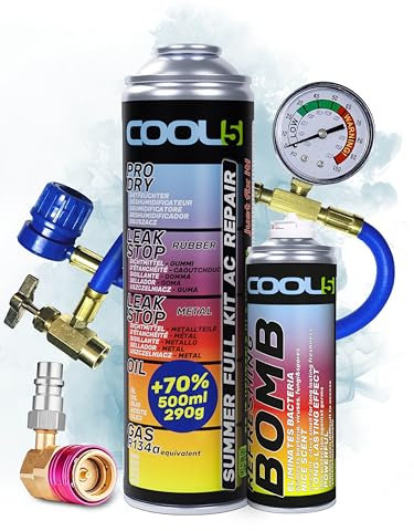 COOL5 5en1 - Recambio de refrigerante R134a para de aire acondicionado para vehículos 1995-2016 + manguera de presión con manómetro + bomba de refresco + adaptador LP-HP + APC 500ml