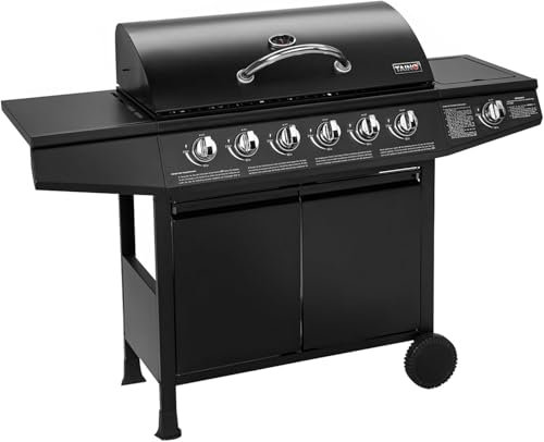 Barbecue a gas a 6 fuochi con fornello laterale, carrello in acciaio inox, barbecue all'aperto