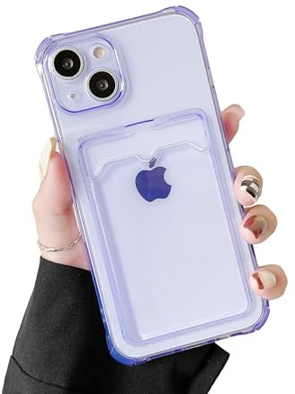 DEFBSC for iPhone 13 Clear Case with Card Holder, Purple | Transparent Card Slot Back Wallet Phone Case,Ultra Slim Soft TPU Shockproof Protective Cover,Shock-Absorbing