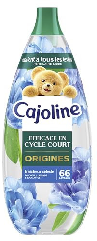 Cajoline Adoucissant linge liquide Fraîcheur Céleste Origines conçu cycle court adapté même à laine et soie, testé dermatologiquement, sans colorant, 66 lavages 1,254L