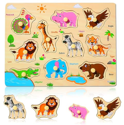 AMFUN Steckpuzzle Bauernhof, Holzspielzeug bestehend aus Puzzles mit Dschungeltieren,Holzpuzzle ab 1 Jahr (Waldtier)