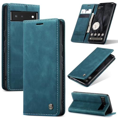 Lanranwa Handyhülle für Google Pixel 6 Pro 5G Hülle Premium Lederhülle Klappbar Flip Case Handytasche Schutzhülle Klapphülle Standfunktion für Google Pixel 6 Pro-Blaugrün