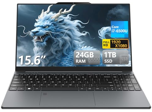 Laptop para juegos 2025 i7 6500U, computadora portátil de 15.6 pulgadas, SSD de 24 GB de 1 TB FHD 1920 x 1080, desbloqueo de huellas dactilares, teclado retroiluminado RJ45 HDMI 180 con apertura de