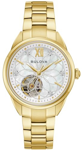 Bulova Ladies Automatic Dress Classic Sutton Watch, Gold-Tone Stainless Steel Bracelet, White Dial, Hack Feature, 42 Hour Power Reserve (Style: 97P182)