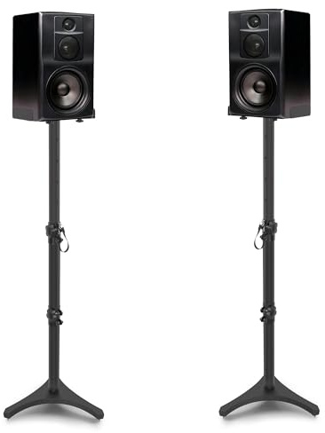 FREEAMG Lot de 2 Supports de Haut-Parleurs Réglable en Hauteur 78 à 104 CM, Jusqu'à 5KG, Support d'Enceinte en Métal avec Base Triangulaire, Pieds d'Enceintes Universel Home Cinéma (3 Sections)