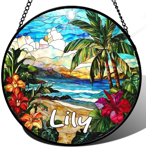 Custom Stained Glass Window Hanging, Blue Beach Scenery Suncatcher Diamond Glass Panel Hangings Sun Catchers Decor for Birthday for Women, Men, Wife, Aunt, and Mom