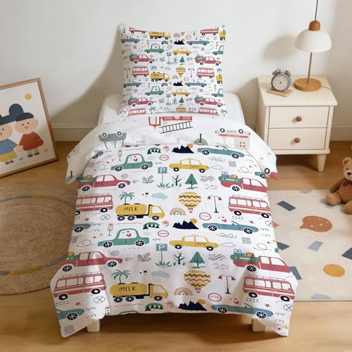 DJDEA Wendbar Kinderbettwäsche 135x200cm Jungen Kraftfahrzeug Bettwäsche mit Reißverschluss, 2-teiliges Bettwäsche Kinder mit 80x80 Kissenbezug