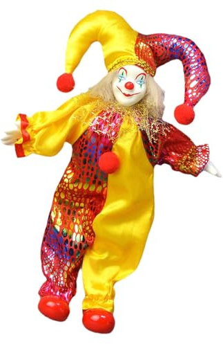 ZEPFJHE Clown-Puppe aus Keramik, bewegliche Handarbeit, stehende Clown-Figur mit lebendigen Farben, Kostüm für Feiertage, Tischdekoration, Clown-Puppe