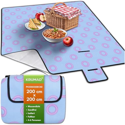 KRUMAD Picknickdecke 200x200 cm, Isoliert & wasserdichte Decke XXL, Fleece Outdoor Decke Faltbar mit Tragegriff, Dreilagige Stranddecke für Camping, Strand, Garten und Festival (Hellblau-Rosa)