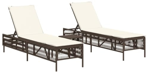 Foknhdi Sonnenliegen 2er Set mit Beistelltisch und Auflagen, Poly Rattan Gartenliegen Braun, 5-Fach verstellbare Rückenlehne, Gartenmöbel für Terrasse Balkon und Pool