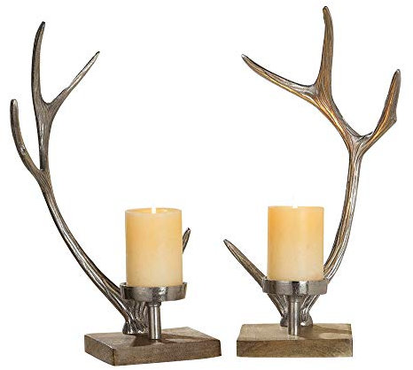 GILDE Kerzenständer Geweih aus Aluminium mit Holzfuß, 41,5x19,5x14 cm, Silber, 2-teiliges Set