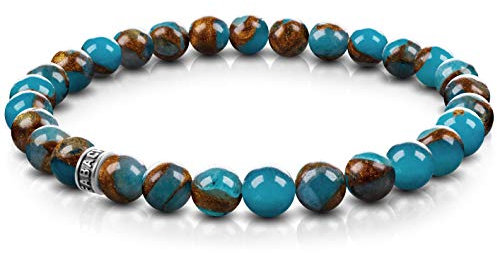 FABACH Blauer Goldstein Perlenarmband mit 6mm Edelstein-Perlen und 925 Sterling Silber Logo-Perle - Edles Naturstein Stretch-Armband für Damen (Gold-Blau)
