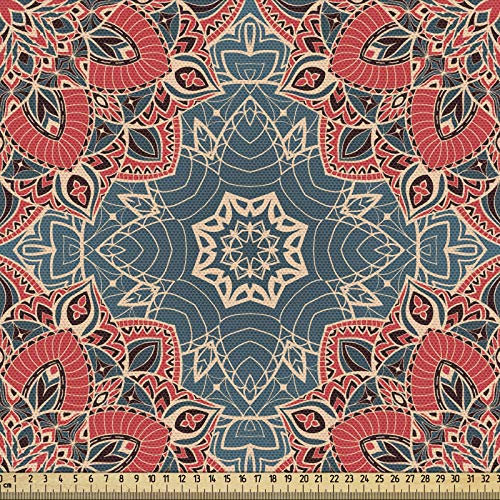 ABAKUHAUS Mandala Gewebe als Meterware, Arabische Kultur Blumen, Dicht Gewebter Stoff zum Nähen Polster Wohnaccessoires, 3M (148x300cm),Dunkle Koralle Blaugrau Beige