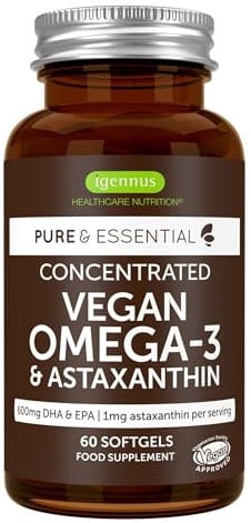 Omega 3 Vegano con Astaxantina, 1344 mg de Aceite de Algas (DHA + EPA 600 mg), 60 cápsulas blandas, de Igennus