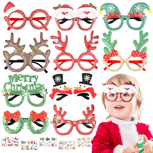 Faburo 10 Stück Weihnachten Brillen Weihnachtsbaum Brillenrahmen Brillengestell Geweih mit 5 Weihnachtlichen Aufklebern zum Weihnachten Party für Erwachsene und Kinder