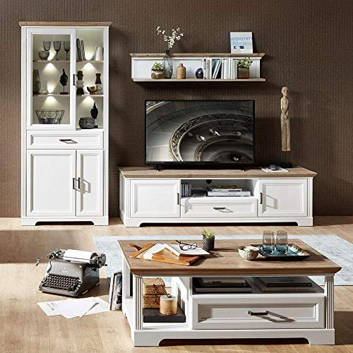 Lomadox Wohnwand-Set mit Couchtisch in Pinie weiß und Artisan Eiche Nb. Vitrine inkl. LED