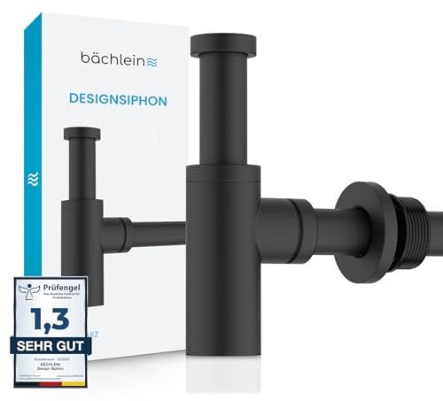 Bächlein Siphon Universel pour Lavabo et Évier – Bonde de Lavabo Design – Siphon Adaptable – Siphon Anti-Odeur avec Orifice de Nettoyage + Mode d’Emploi - Mat Noir