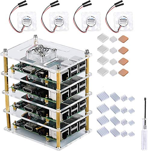 GeeekPi Raspberry Pi 4 Custodia per Rack,Raspberry Pi 4 Custodia con Ventola e Dissipatore, Custodia in acrilico a 4 strati Custodia impilabile Cluster Case per Raspberry Pi 4B/3B+3B/2B