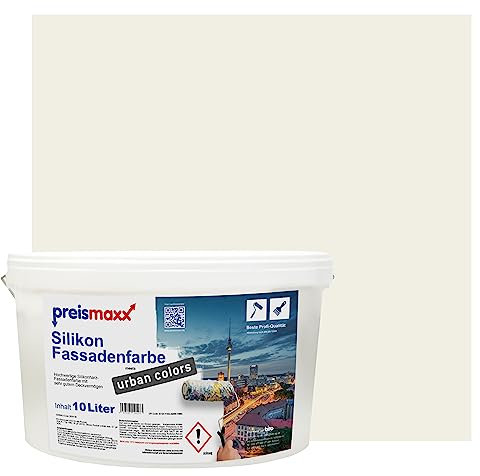 Preismaxx Silikonharz Fassadenfarbe, Altweiß Weiß 10L hochwertige, matte, wasserabweisende Aussen-Dispersion, sehr guter Regenschutz - Abperleffekt