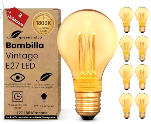 greenandco 8X Decorative LED Vintage Light Bulb | E27 A60 | Amber | 2W 65lm | 1800K Extra Warm White | 320° | 230V | Flicker Free | Not Dimmable