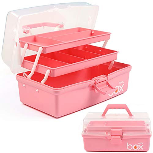 TERGOO 30,5 cm dreilagige Mehrzweck-Aufbewahrungsbox Organizer Faltbare Werkzeugkiste/Kunst & Handwerk Fall/Nähbedarf Organizer/Medizin Box/Familie Erste-Hilfe-Box mit 2 Ablagen (Pink)