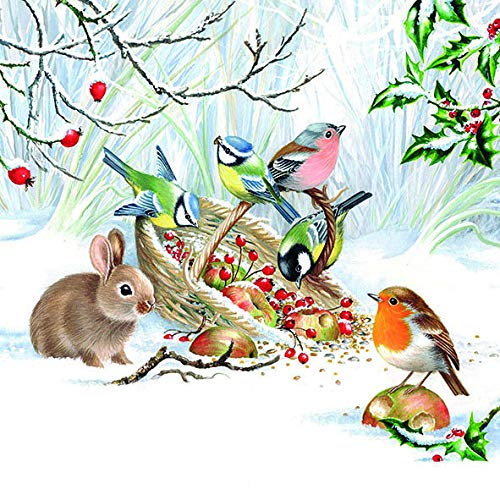 20 Servietten Wintertiere teilen sich das Futter | Hase | Vögel | Tischdeko 33x33cm