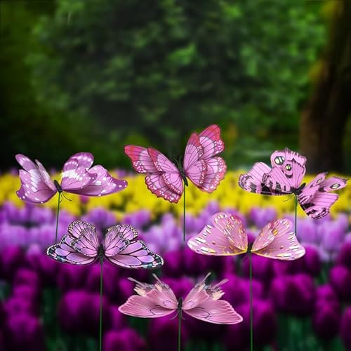 FENELY Riesige Schmetterlinge Gartenstecker Dekorationen Outdoor 3D rosa Rasen Deko Hof Dekor Terrasse Zubehör Ornamente PVC Gartenarbeit Kunst Weihnachten skurriles Geschenke (24 Stück)