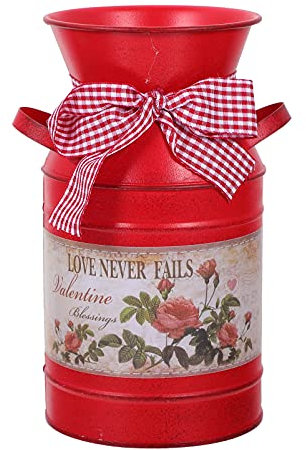 Cabilock Rustique Fleur en Métal Vase Vintage Ferme Vase en Métal Galvanisé Lait Peut Shabby Chic Fleurs Cruche Vase Seaux De Fleurs avec Poignée pour La Maison Cuisine Décor Rouge