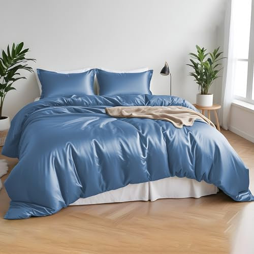 LINENWALAS Bamboo Duvet Cover Set with Fitted Sheet Double Size Natural Bamboo Core Bedding Set 4 Pcs Soft Cooling Bedding Set Perfect for Hair & Skin (Double, Bahamas Blue)